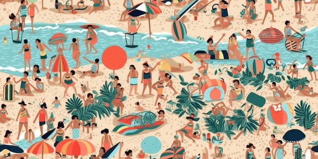 A group of people on a beach with surfboards and umbrellas generative ai