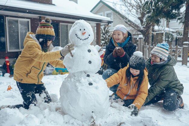 Photo group of people building a snowman in the snow a family building a snowman in the backyard each member contributing their own creative touches to the snowy sculpture