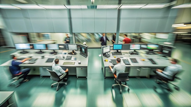 Photo a group of people in a building with computers in the background