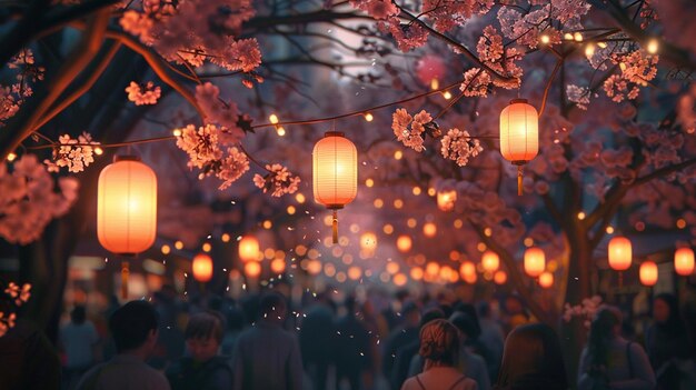 Photo a group of people under a canopy with many lanterns hanging from it