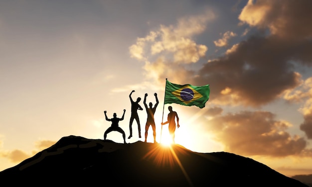 A group of people celebrate on a mountain top with brazil flag d render