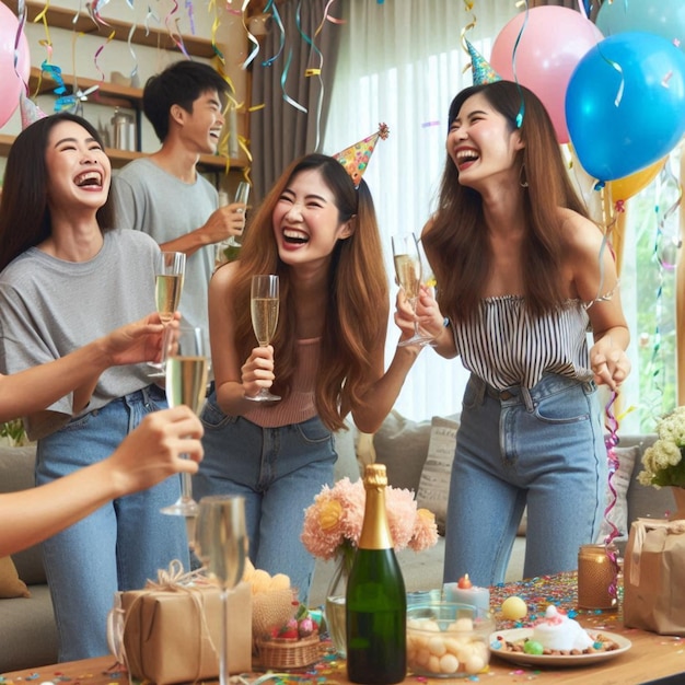 a group of people celebrating a birthday party with a bottle of champagne