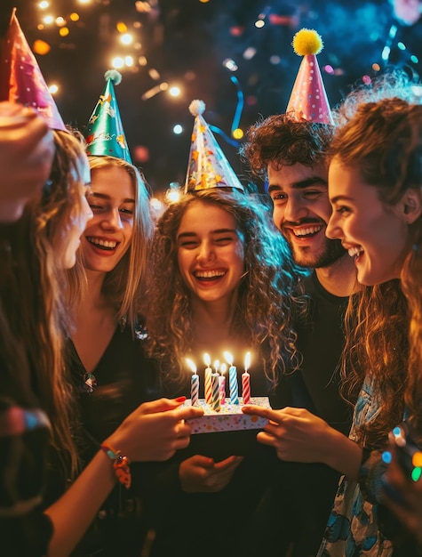 a group of people celebrating a birthday with a cake with the words  happy birthday  on it