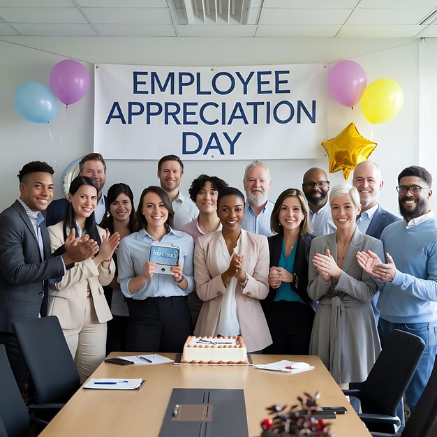 Photo a group of people celebrating a conference with a banner that says employee special day