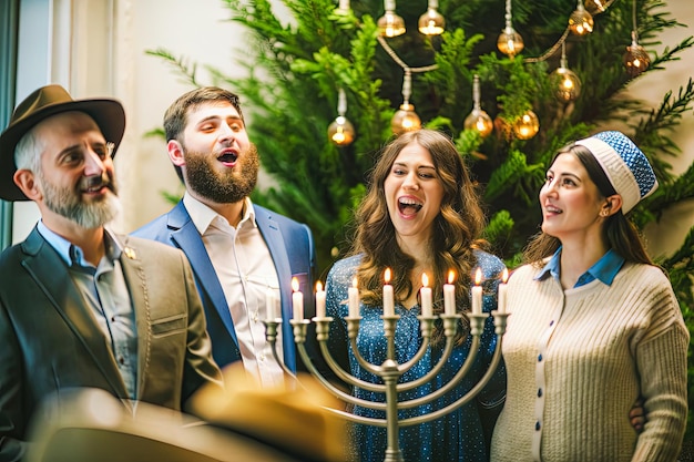 Photo a group of people celebrating jewish holiday in front of a christmas tree