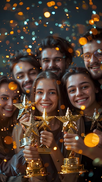 Group of People Celebrating Success with Sparkling Achievement Awards in Fantastical Setting Ideal