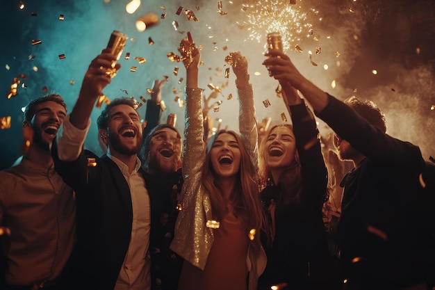 a group of people celebrating with champagne and champagne in the air