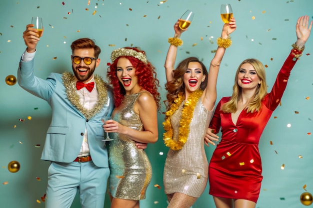 a group of people celebrating with champagne and confetti