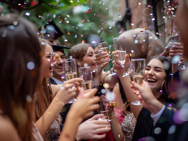 Photo a group of people celebrating with champagne glasses in the foreground