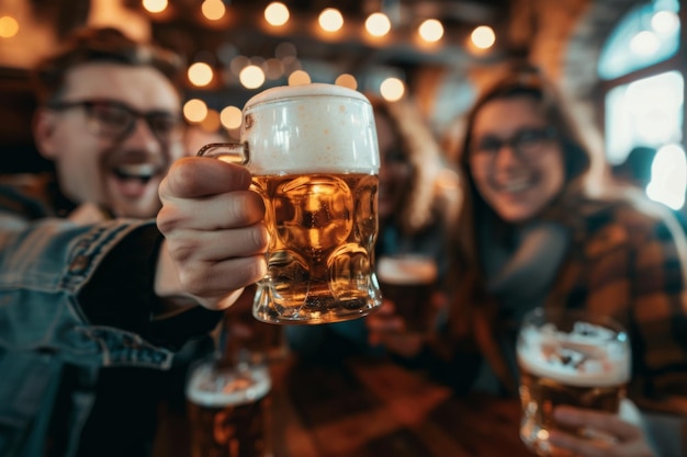 group of people cheering and drinking beer at bar pub table Happy young friends enjoying happy hour