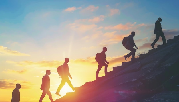 A group of people climbing a mountain The sun is setting and the sky is orange The people are silhouetted