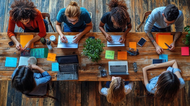 A group of people collaborating at a wooden table with laptops