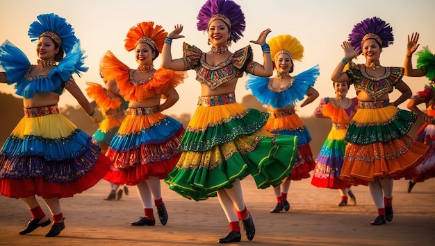 a group of people in colorful costumes are dancing in the desert