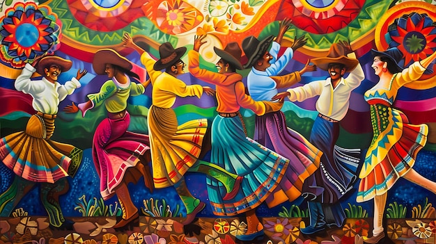 A group of people in colorful traditional Mexican clothing are dancing happily in a vibrant and lively setting