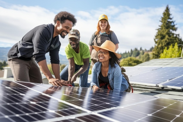 A group of people coming together to install solar panels on a residential property