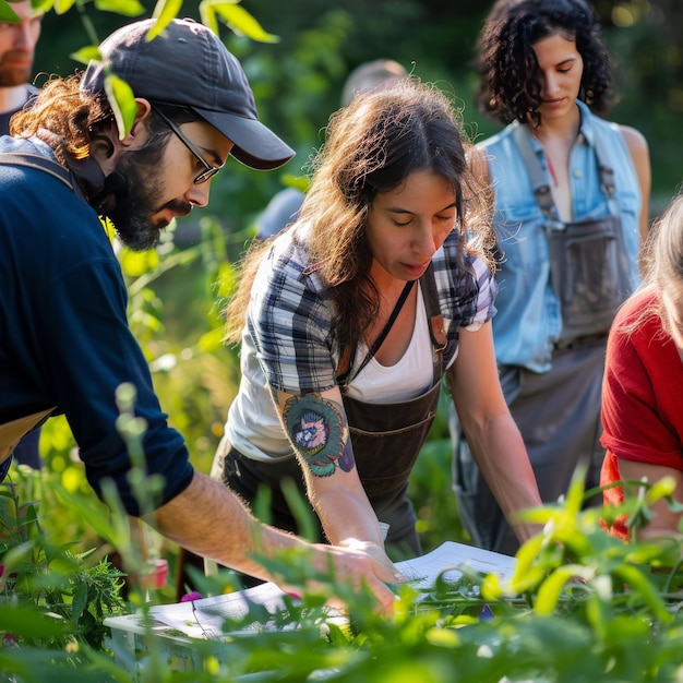 Photo group of people in a community garden discussing plants and planning their gardening activities together