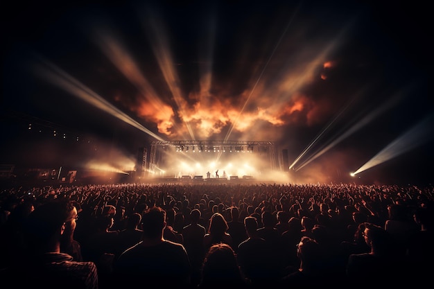 Group of people at a concert crowd With party lights and smoke