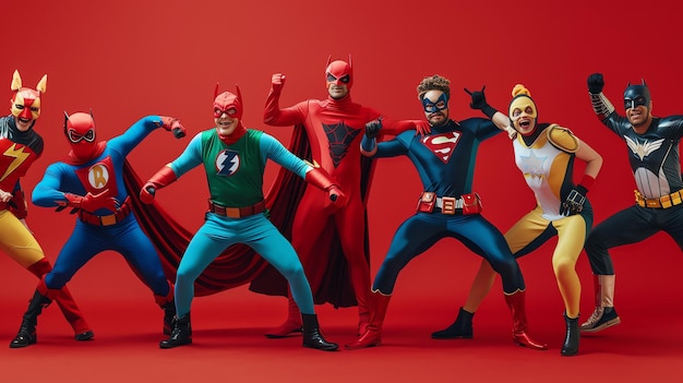 A group of people in creative costumes pose in front of a red background