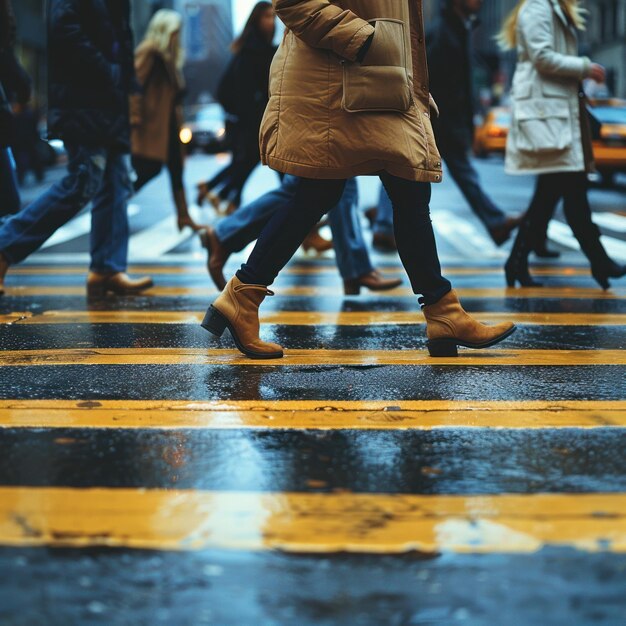 Photo a group of people crossing a street with a yellow line on the ground