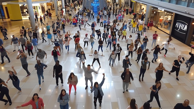 A group of people dance in a mall in front of stores