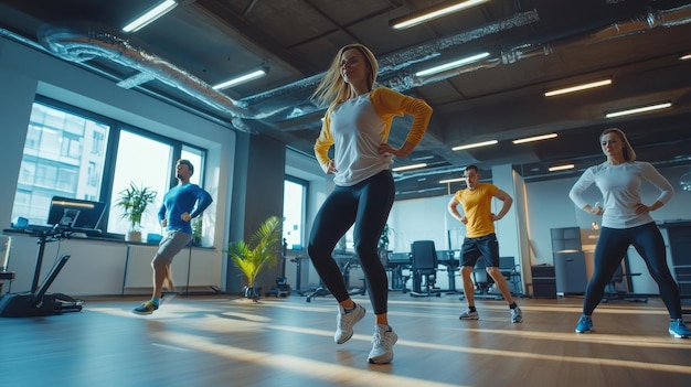 Photo group of people dancing in a bright indoor studio during a workout session