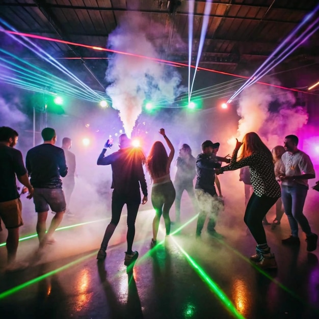 a group of people dancing in a club with lights and lights