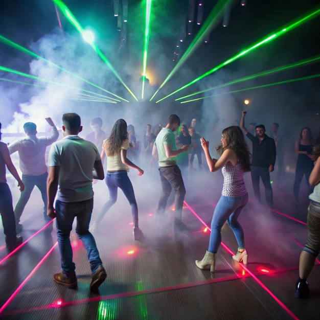 a group of people dancing in a club with neon lights on the ceiling