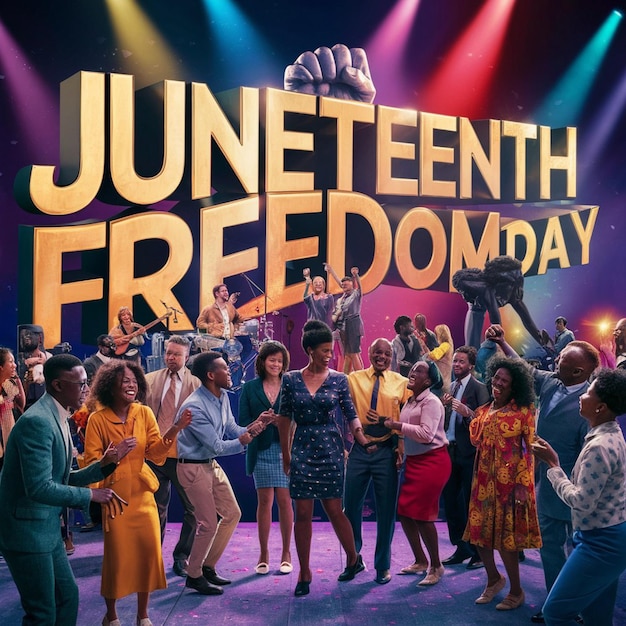 a group of people dancing in a club with the words freedom day