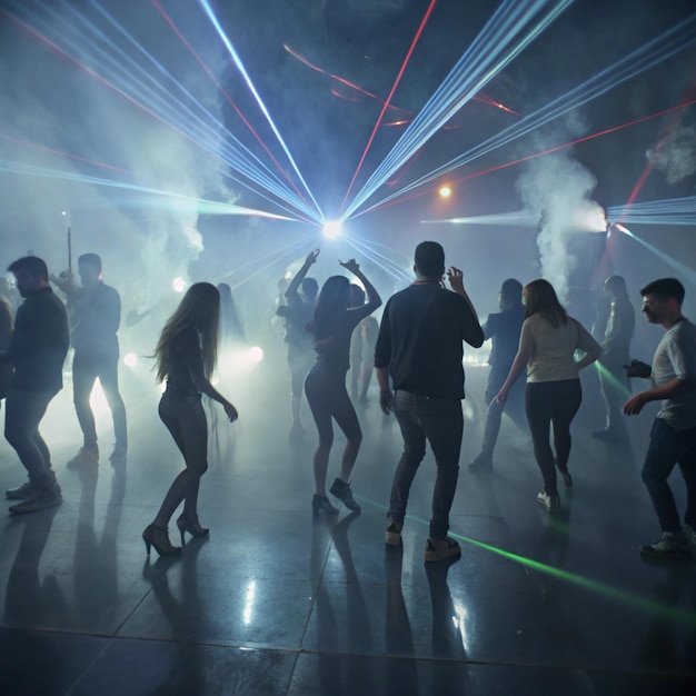 Photo a group of people dancing in a dance studio with lights behind them