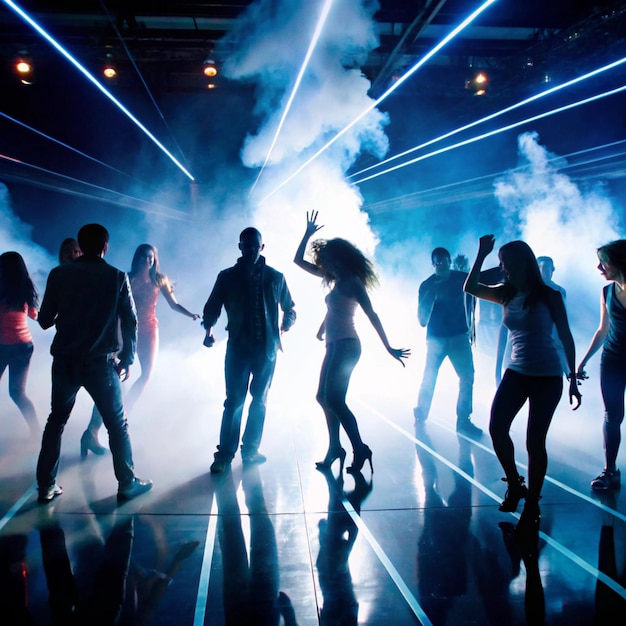 a group of people dancing in a dance studio with smoke coming out of them