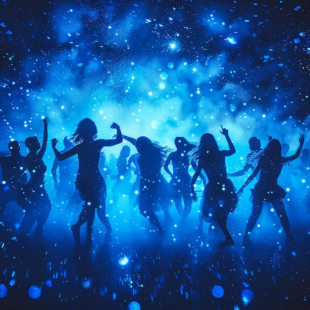 Photo a group of people dancing in the dark with blue lights