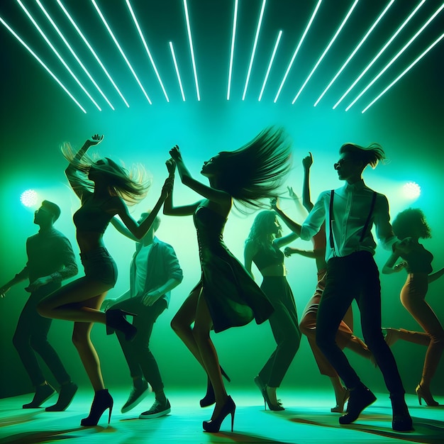 A group of people dancing energetically under neon lights at a nightclub isolated on a plain dynami