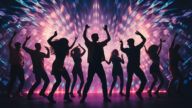 a group of people dancing in front of a colorful background