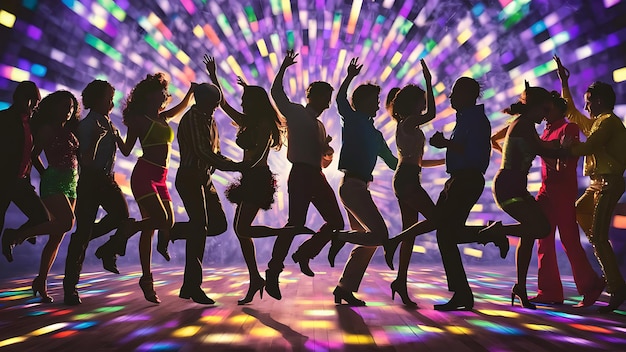 Photo a group of people dancing in front of a colorful light