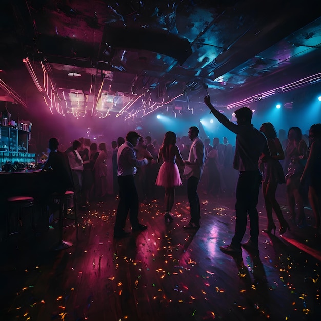 Photo a group of people dancing in a nightclub with a purple light behind them