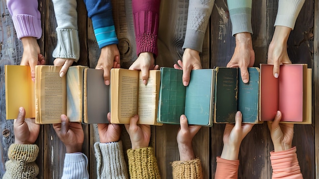 Photo a group of people of different ethnicities are holding books in their hands the books are old and have different colors