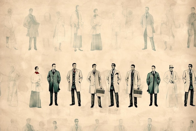 a group of people in different outfits A vintage style background with motifs of doctors in oldstyle uniforms celebrating National Doctors Day