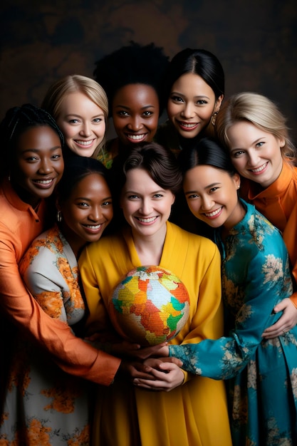 Group of people of different races holding a ball of the planet earth