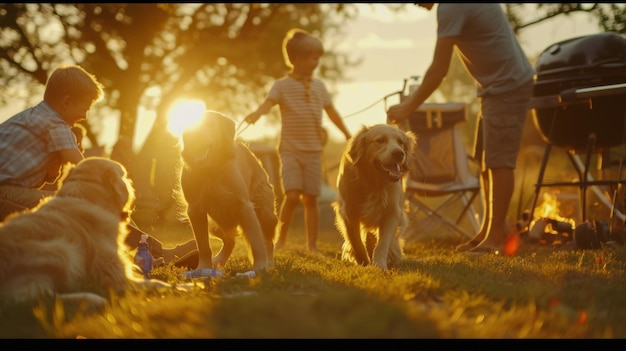 Photo group of people and dogs playing in grass