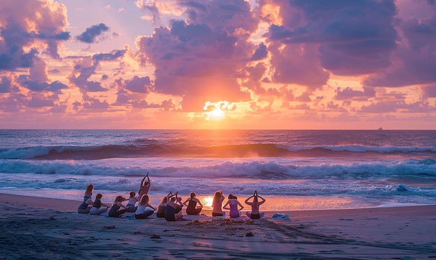 a group of people doing yoga on the beach at sunset