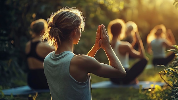 Photo group of people doing yoga exercise in the nature