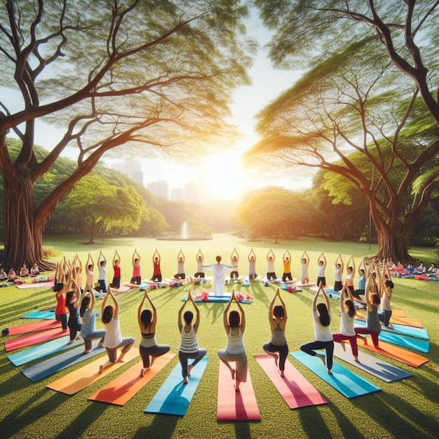 Photo a group of people doing yoga in a park with trees in the background