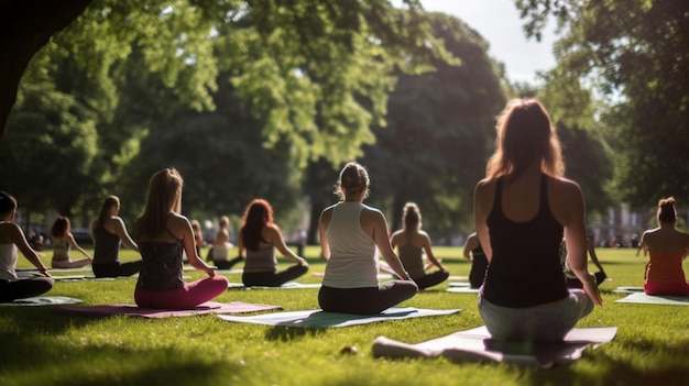 A group of people doing yoga in a park