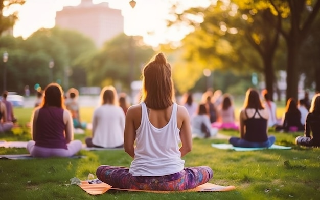 A group of people doing yoga in a park