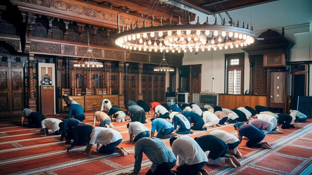 Photo a group of people doing yoga in a room with chandeliers hanging from the ceiling