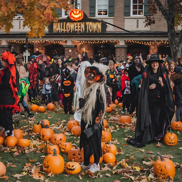 Photo a group of people dressed as halloween pumpkins are on a grassy area