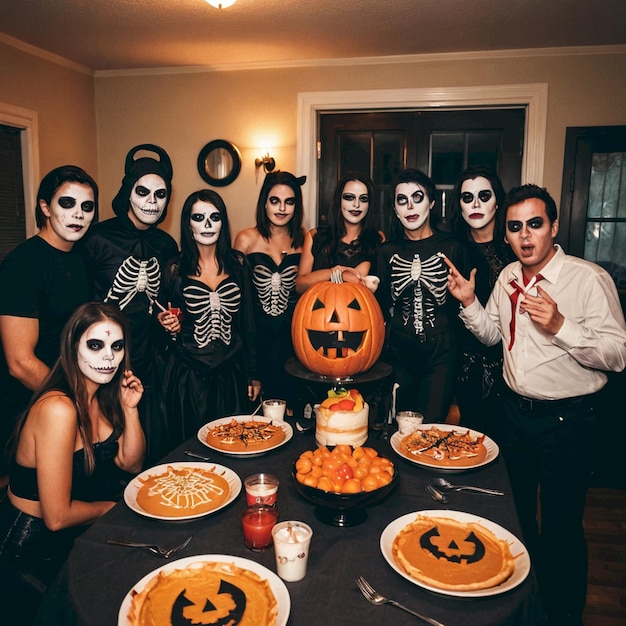 Photo a group of people dressed as zombies are posing for a photo with pumpkins on them