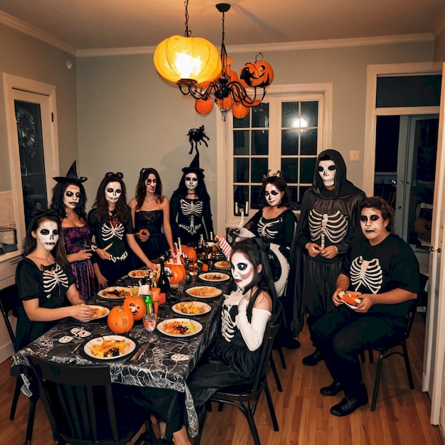 Photo a group of people dressed as zombies are sitting at a table with pumpkins on it