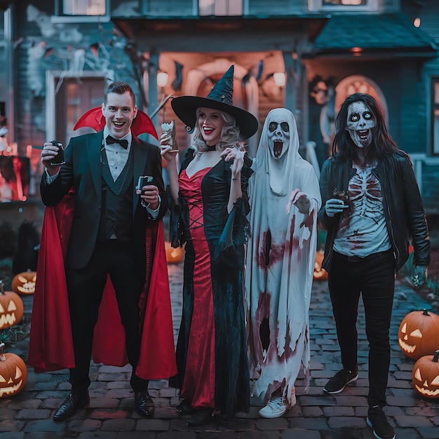 a group of people dressed as zombies stand in front of a building with pumpkins