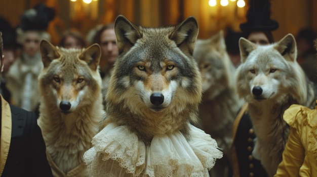 Photo a group of people dressed in fancy clothes with wolf heads ai